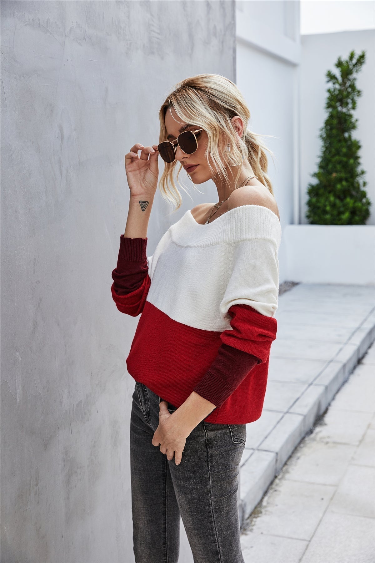 RadyRin Off The Shoulder Color Block Sweater for Style