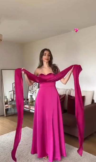 Classy Hot Pink Satin A Line Long Evening Dress Birthday Party Gown D1364