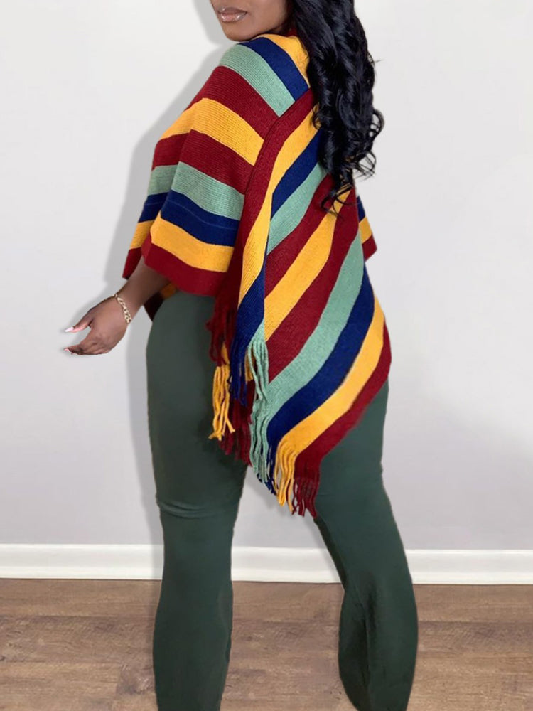 Knitted Striped Tassel Poncho 2
