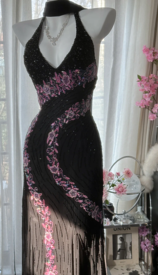 Charming Halter V Neck Black Chiffon Sequin Beaded Mermaid Long Evening Dress Formal Birthday Party Dress D1788