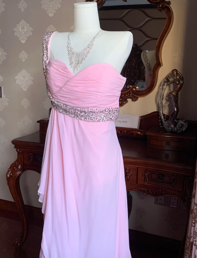 Classy One Shoulder Chiffon Beaded Mermaid Long Wedding Guest Dress Pink Evening Dress D1775