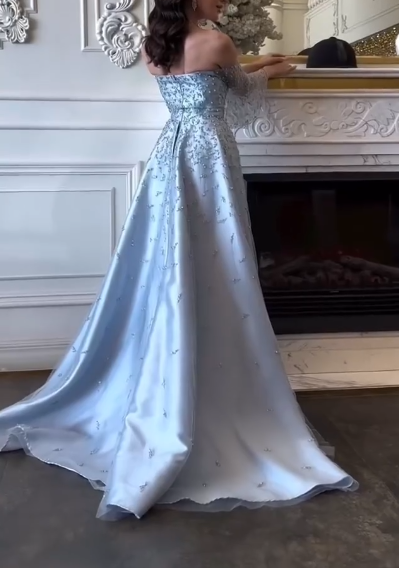 Gorgeous Blue Satin Tulle Beaded Mermaid Evening Dress Long Birthday Party Dress D1252