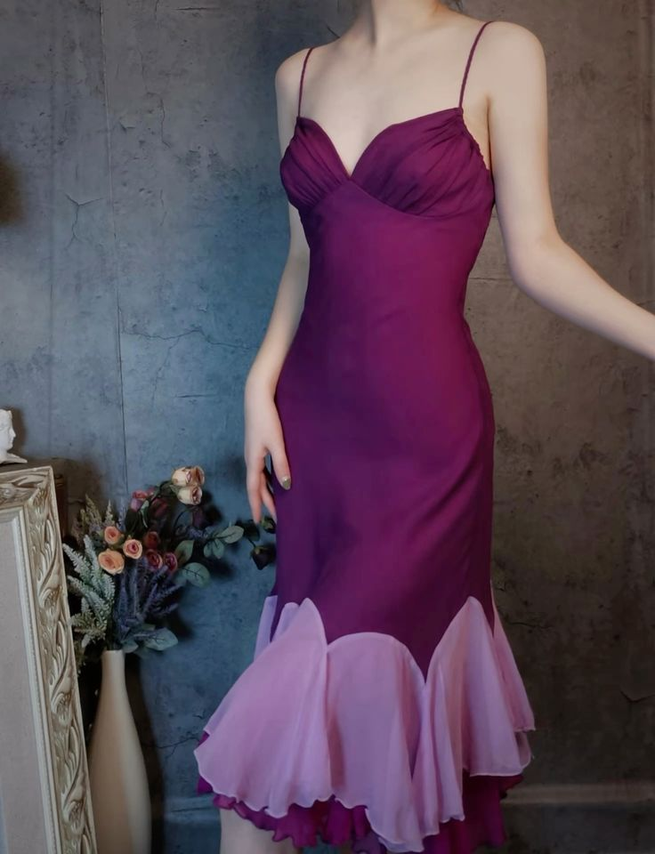 Vintage Spaghetti Straps Fuchsia Satin Chiffon Ruffles Mermaid Party Dress Long Evening Gown D1477