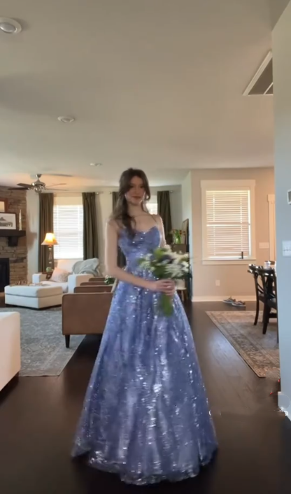 Shiny Spaghetti Straps Blue Tulle Sequin A Line Long Evening Dress Formal Birthday Party Gown D820