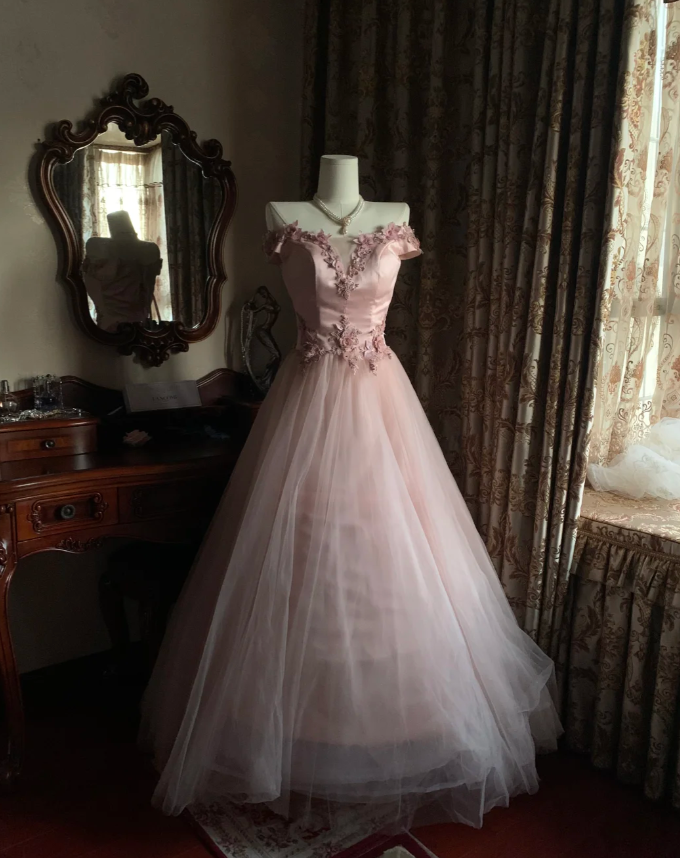 Sweet Pink Off The Shoulder Satin Tulle Appliques Long Birthday Party Dress Prom Gown D1748
