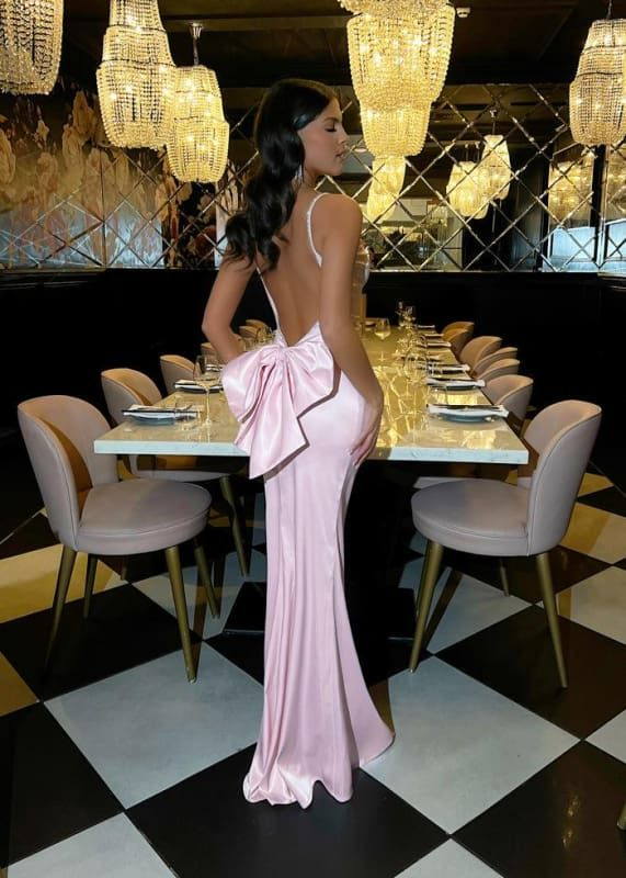 Charming Pink Beaded Spaghetti Straps Prom Dress With Bow,Mermaid Backless Party Dress S188