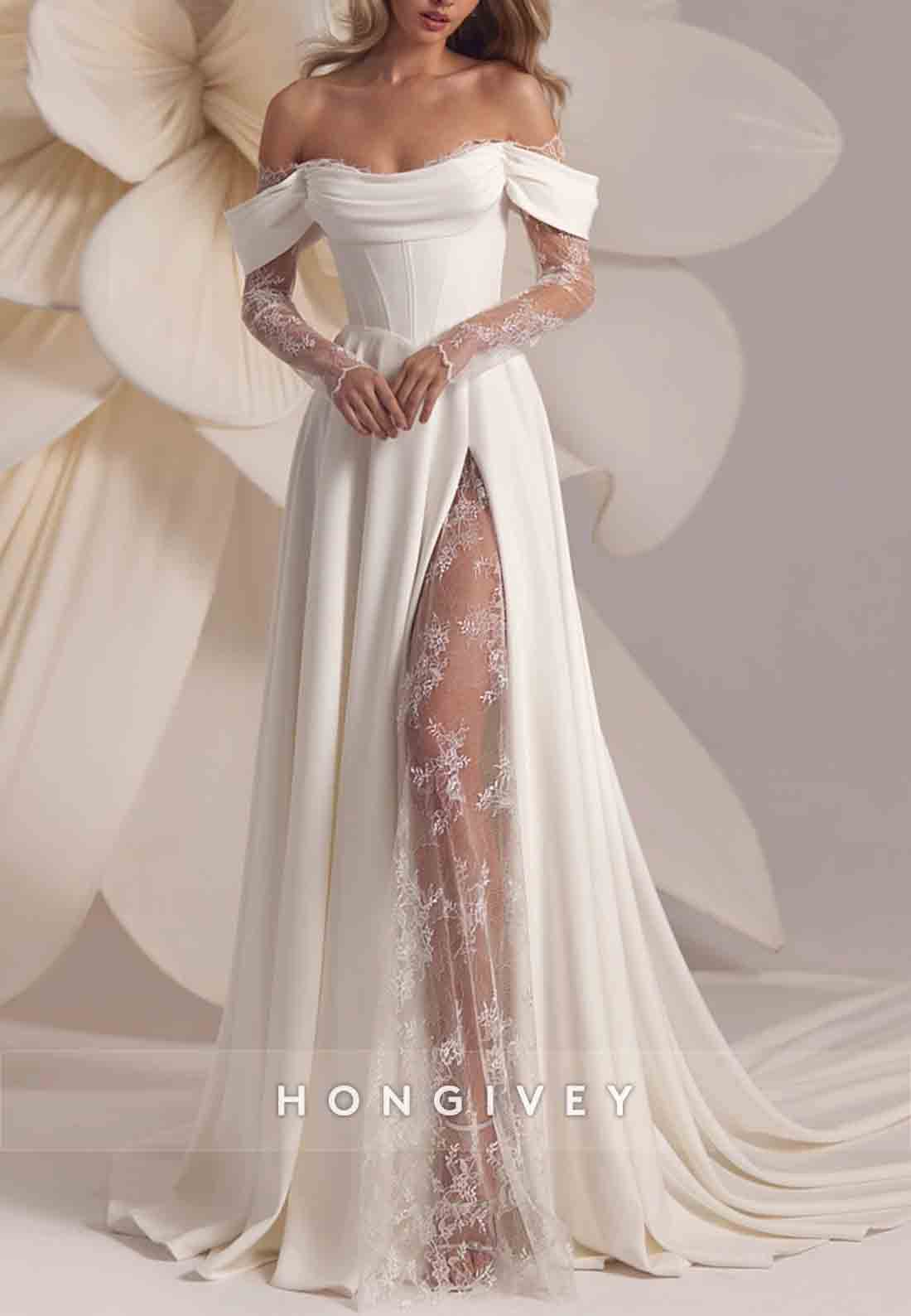 High Slit Off the Shoulder Lace Crisscross Back Long Sleeve Wedding Dresses