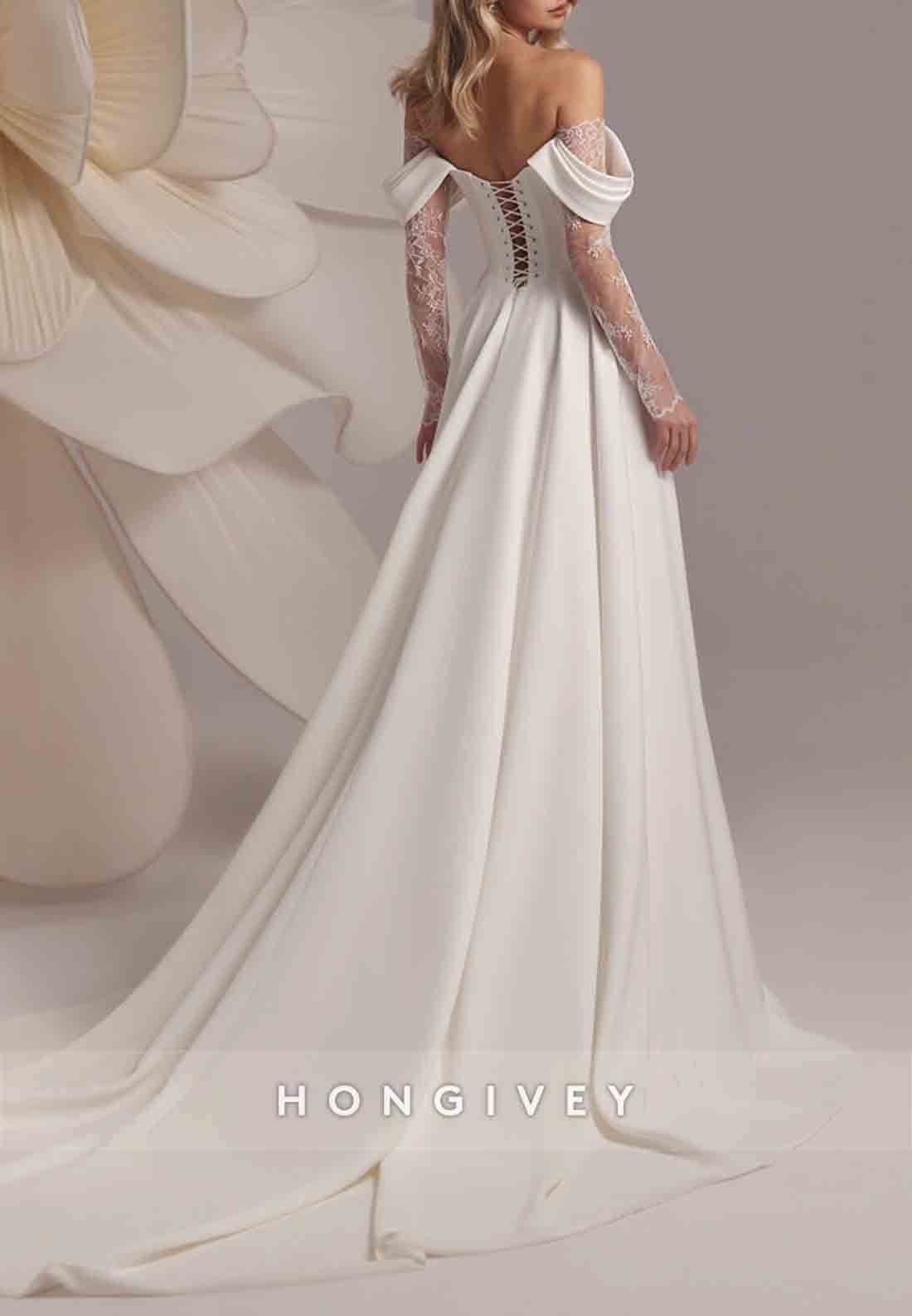 High Slit Off the Shoulder Lace Crisscross Back Long Sleeve Wedding Dresses