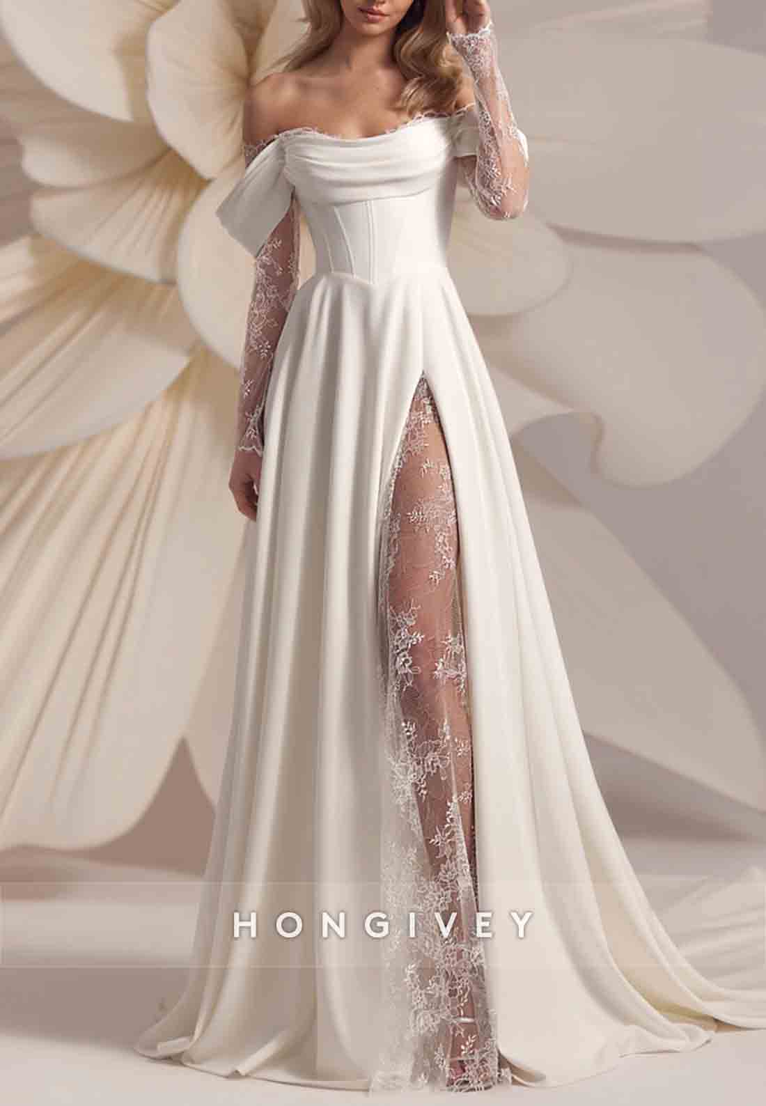 High Slit Off the Shoulder Lace Crisscross Back Long Sleeve Wedding Dresses