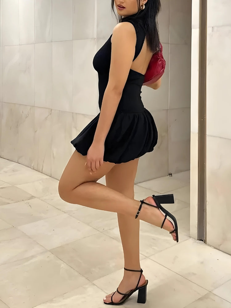 Ribbed Mock-Neck Sleeveless Bubble-Hem Mini Dress 4