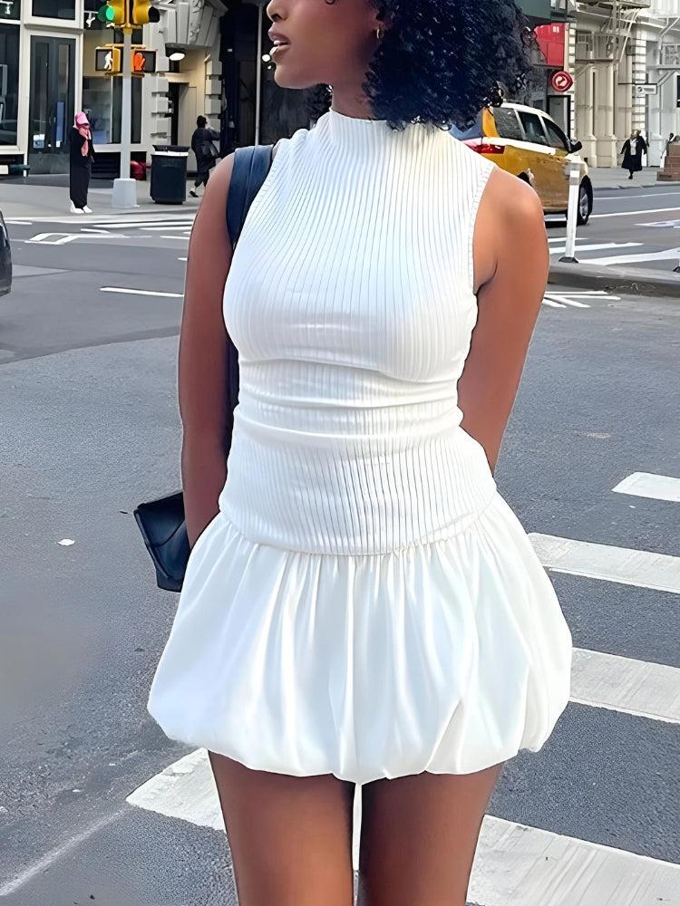 Ribbed Mock-Neck Sleeveless Bubble-Hem Mini Dress