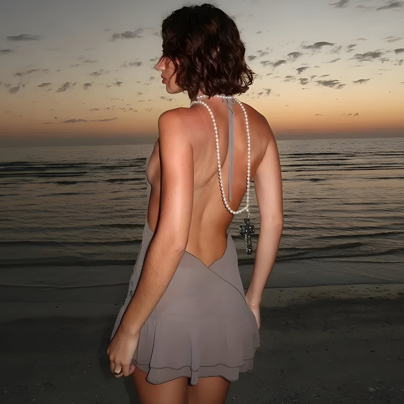 Paillette Halter Backless Ruffle-Hem Mini Dress 2