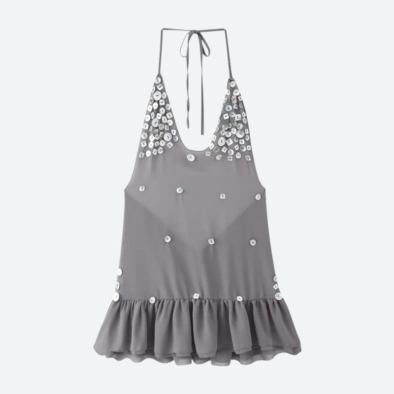 Paillette Halter Backless Ruffle-Hem Mini Dress 3