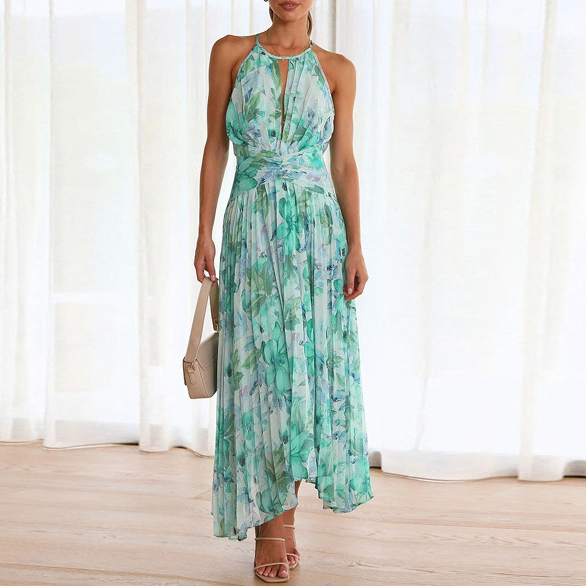 Floral Halter Neck Sleeveless Pleated Maxi Dress 4