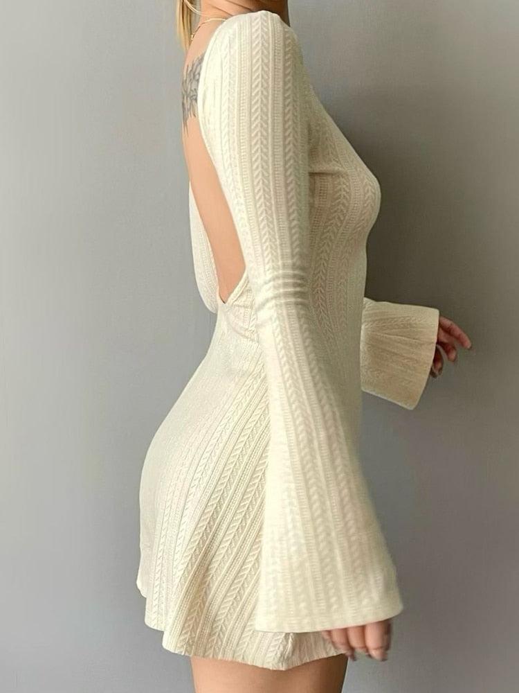 Pointelle-Knit Boat-Neck Long-Sleeve Bodycon Mini Dress 4