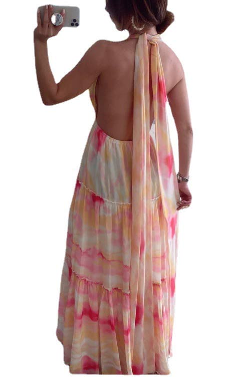 Tie-Dye Halter Twist-Front Tiered Chiffon Maxi Dress