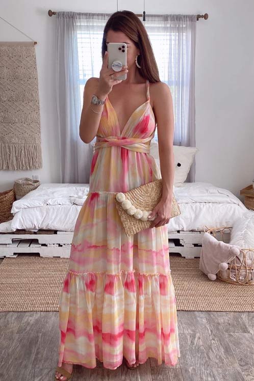 Tie-Dye Halter Twist-Front Tiered Chiffon Maxi Dress