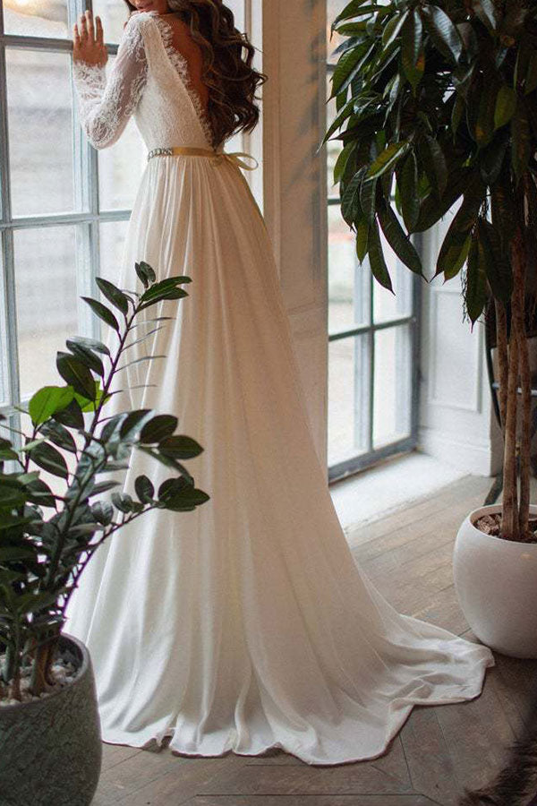 Lace Boat-Neck Long Sleeve Chiffon A-Line Gown