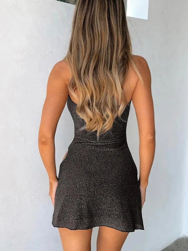 Glitter Halter Cowl-Neck High-Slit Bodycon Mini Dress 2