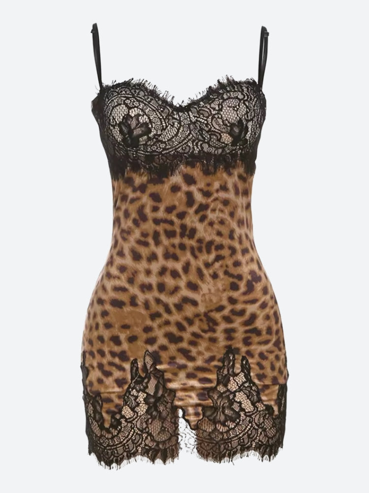 Baddie Leopard Lace Mini Dress