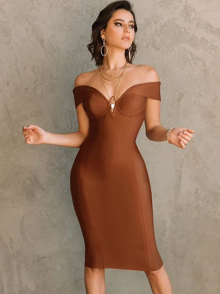 Bandage Off Shoulder Sweetheart Cut Out Bodycon Midi Dress