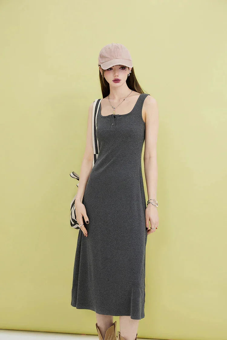 Square-Neck Sleeveless Button-Placket A-Line Midi Dress 3
