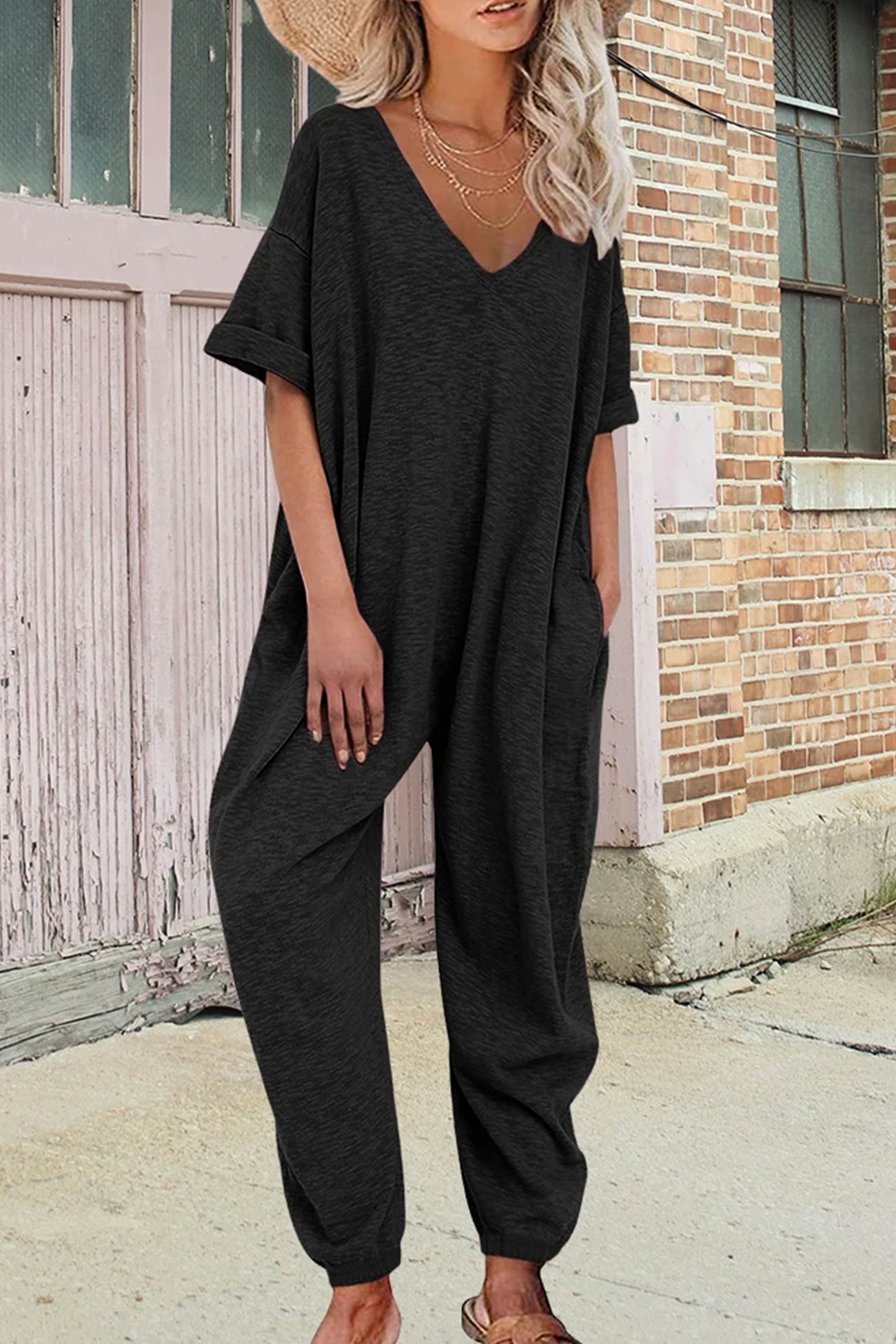 Cotton Solid V Neck Loose Jumpsuits - Fashionpara