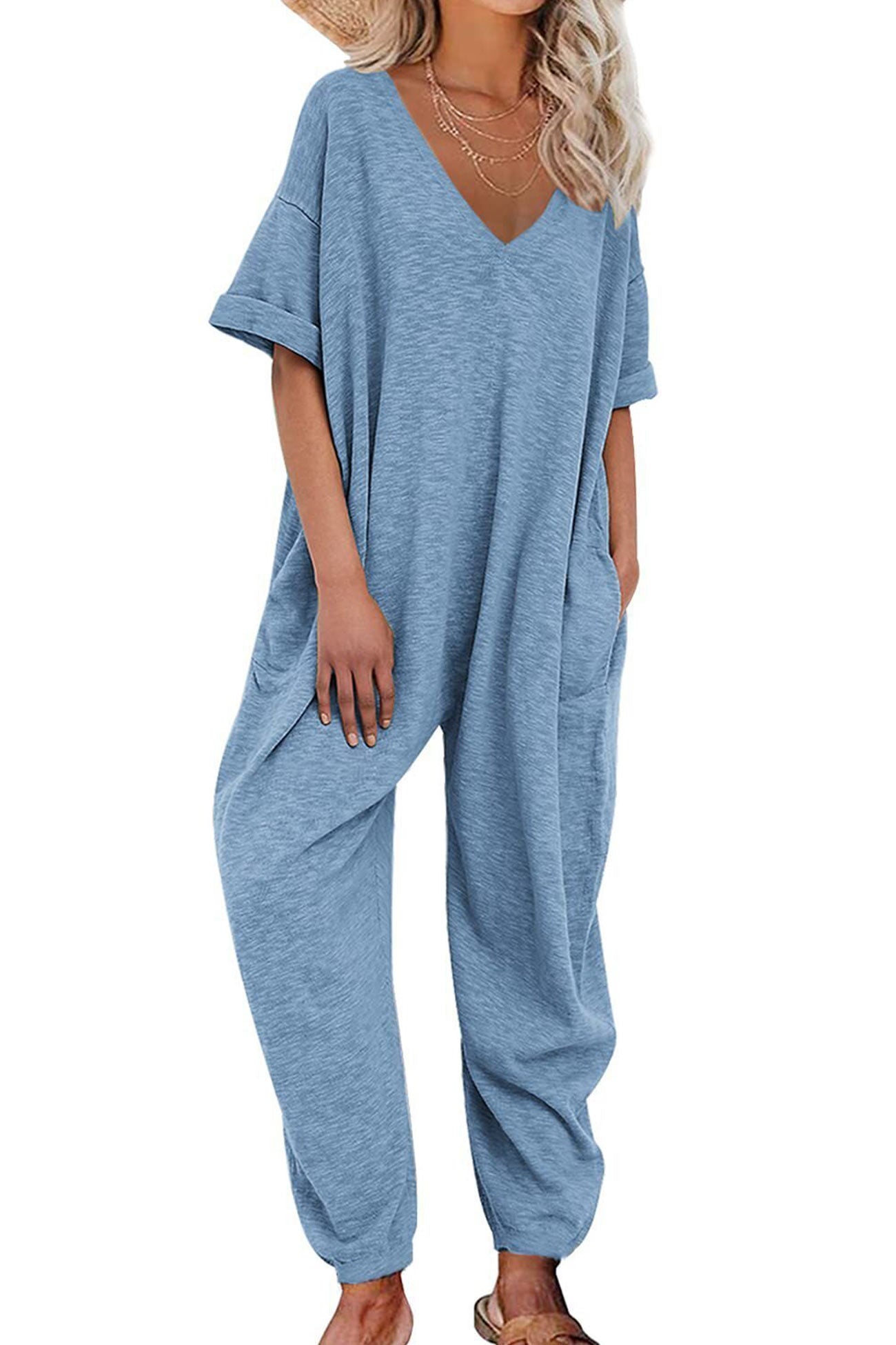 Cotton Solid V Neck Loose Jumpsuits - Fashionpara