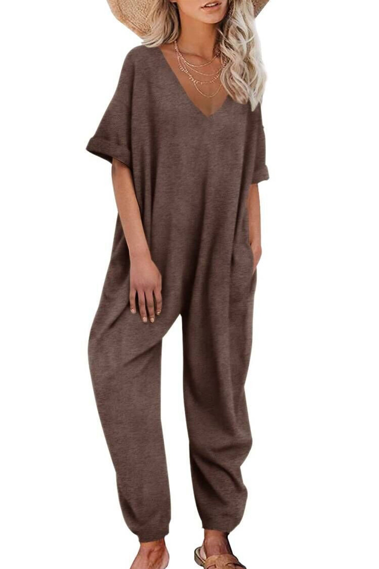 Cotton Solid V Neck Loose Jumpsuits - Fashionpara