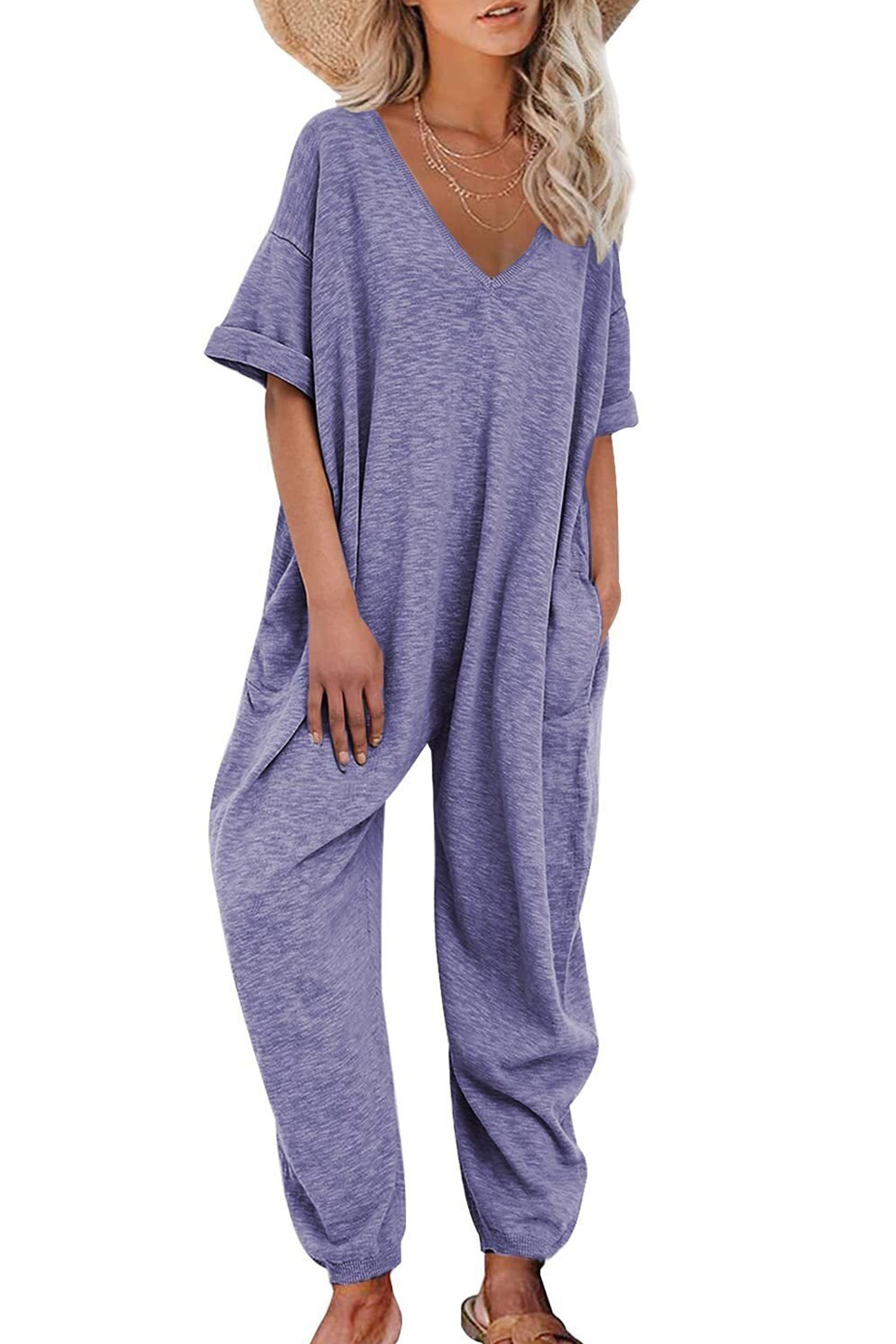 Cotton Solid V Neck Loose Jumpsuits - Fashionpara