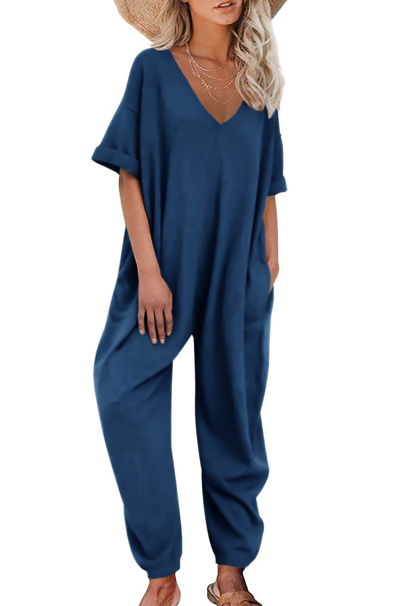 Cotton Solid V Neck Loose Jumpsuits - Fashionpara