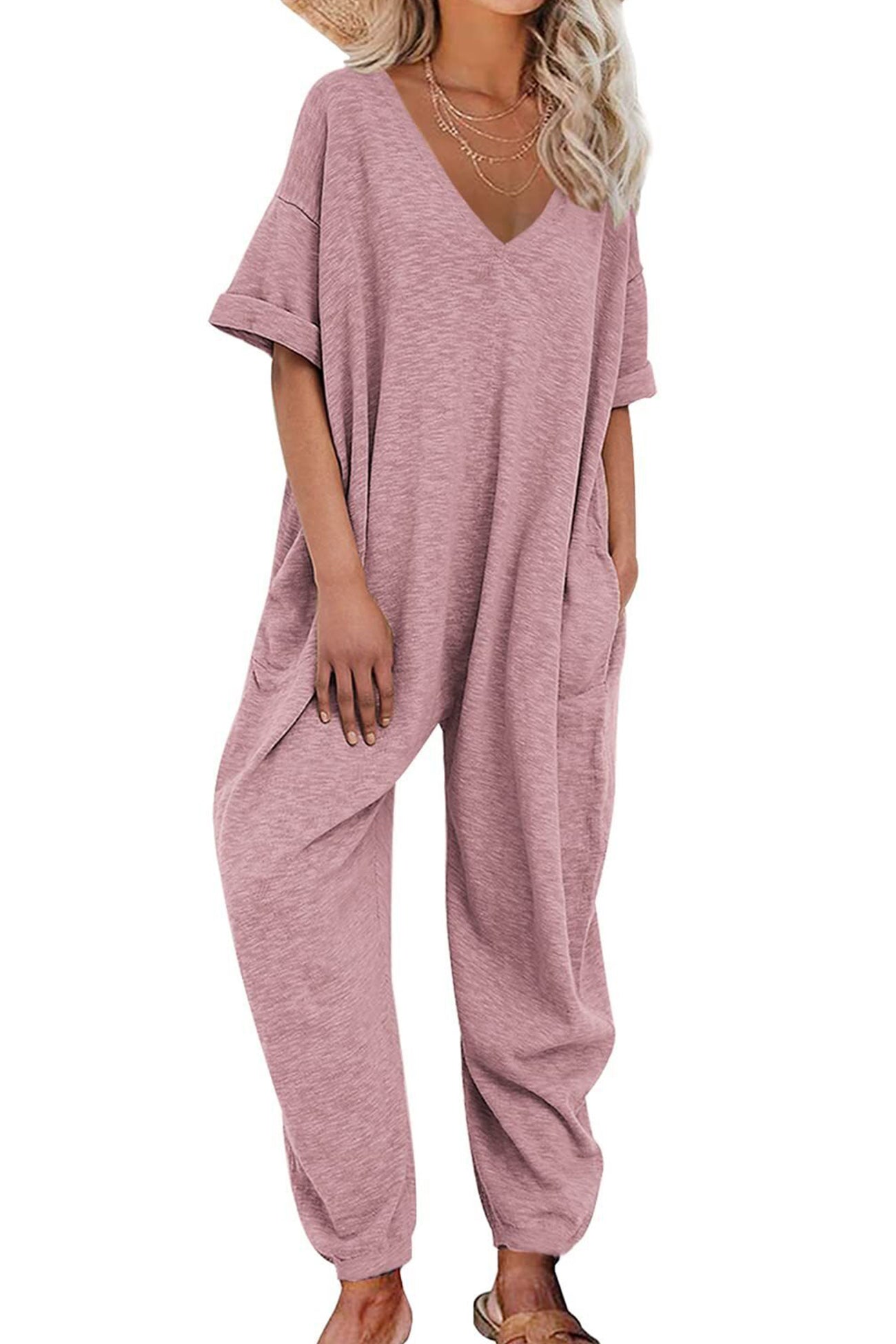 Cotton Solid V Neck Loose Jumpsuits - Fashionpara
