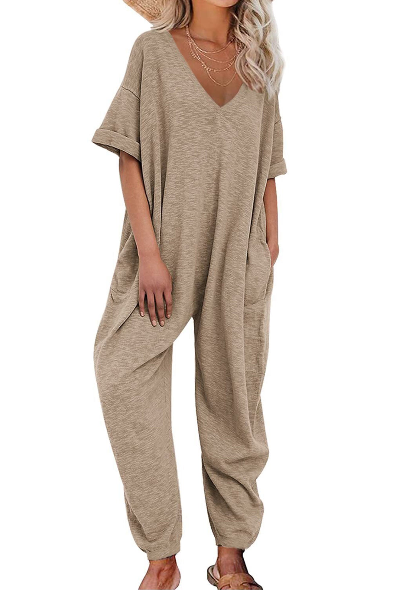 Cotton Solid V Neck Loose Jumpsuits - Fashionpara