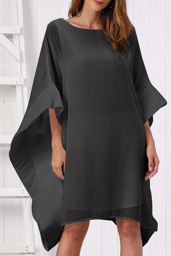 Batwing Sleeves Plain Chiffon Dress - Mislish