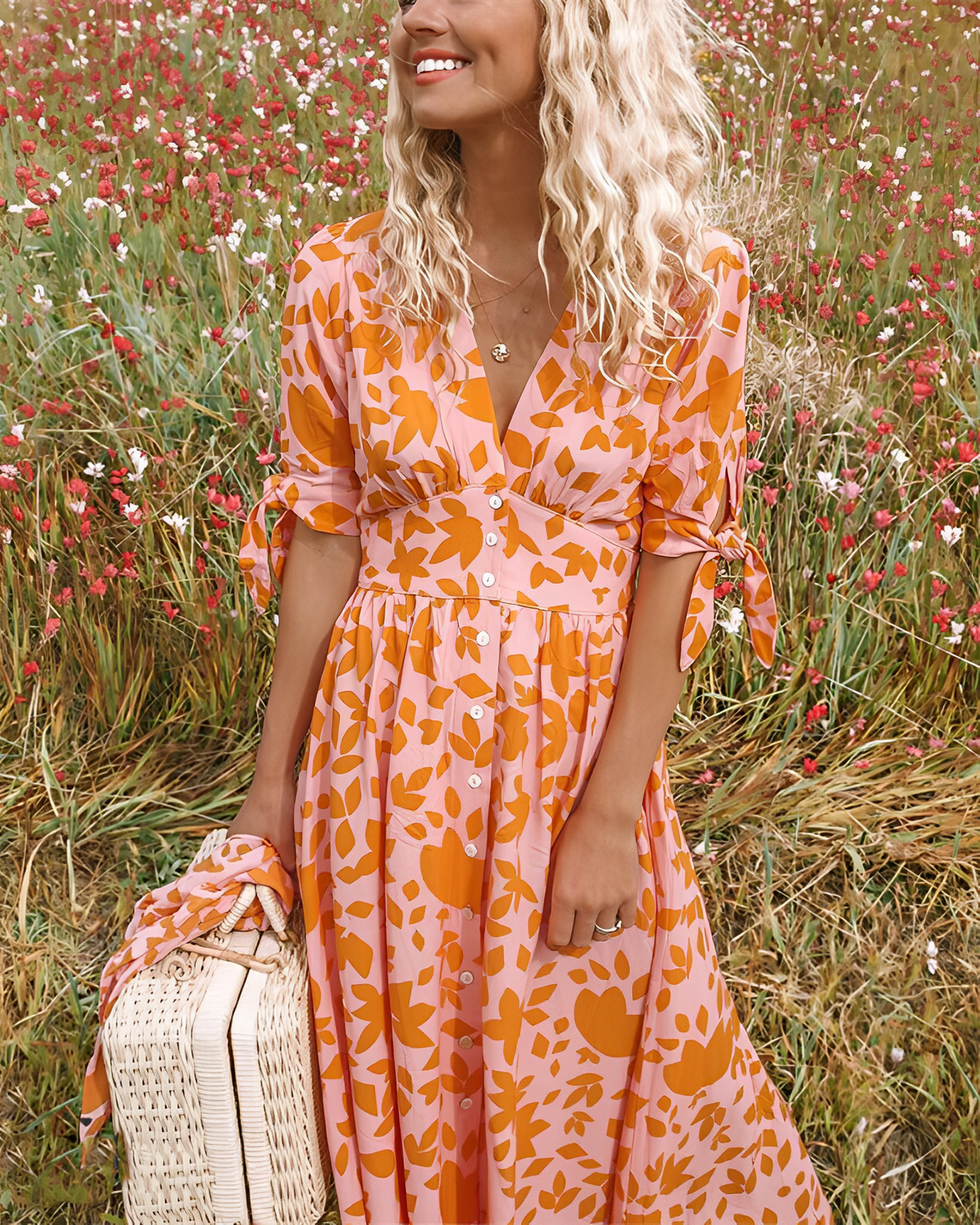 Deep V-Neck Button Front Tie Cuff Short Sleeve Midi Summer Dress