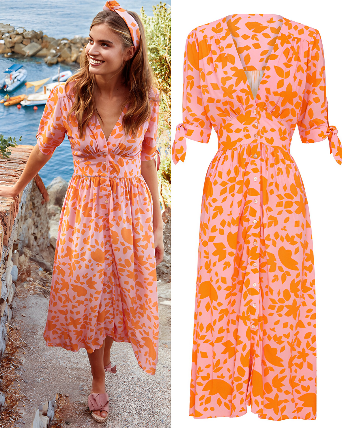 Deep V-Neck Button Front Tie Cuff Short Sleeve Midi Summer Dress - View 6