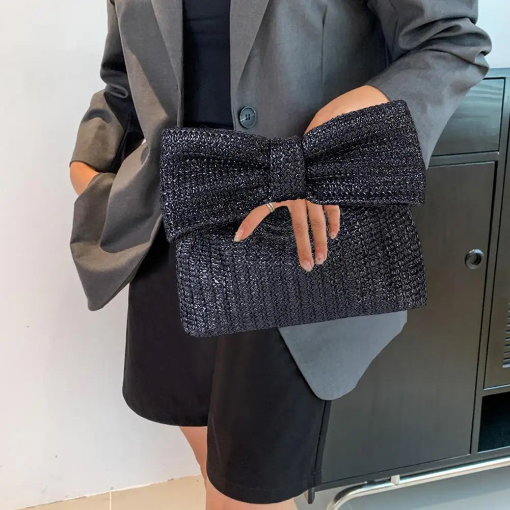 Beach Bow Crescent Shape Straw Clutch Wristlet