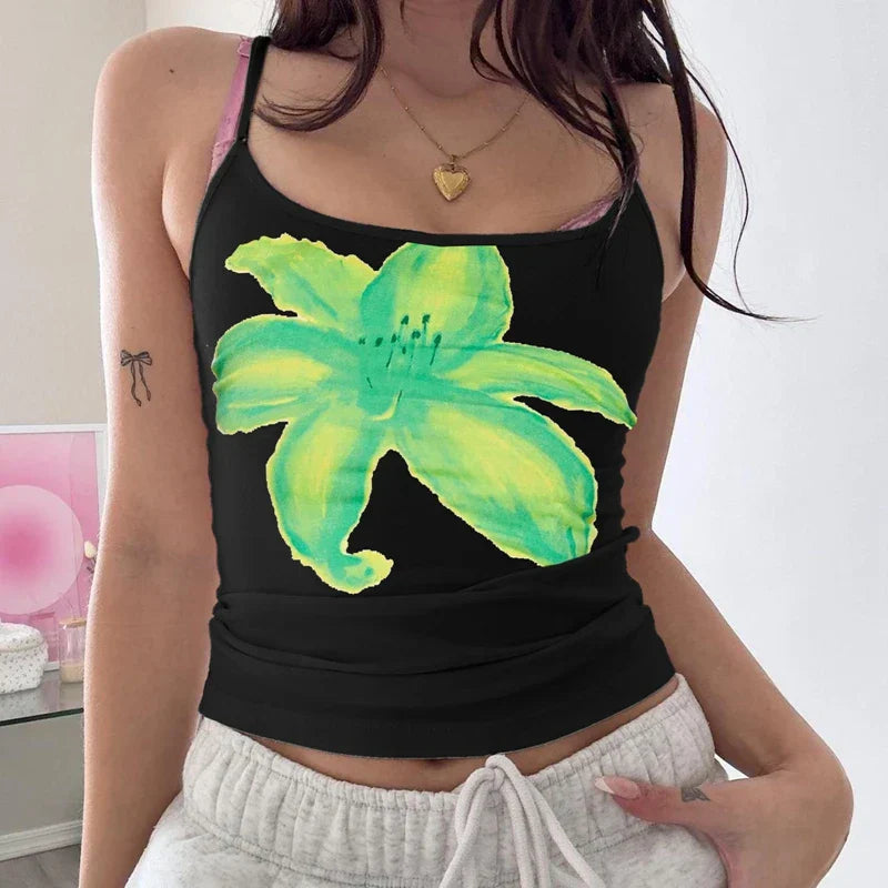 Boho Floral Spaghetti Strap Backless Vintage Low Cut Beach Style Crop Top