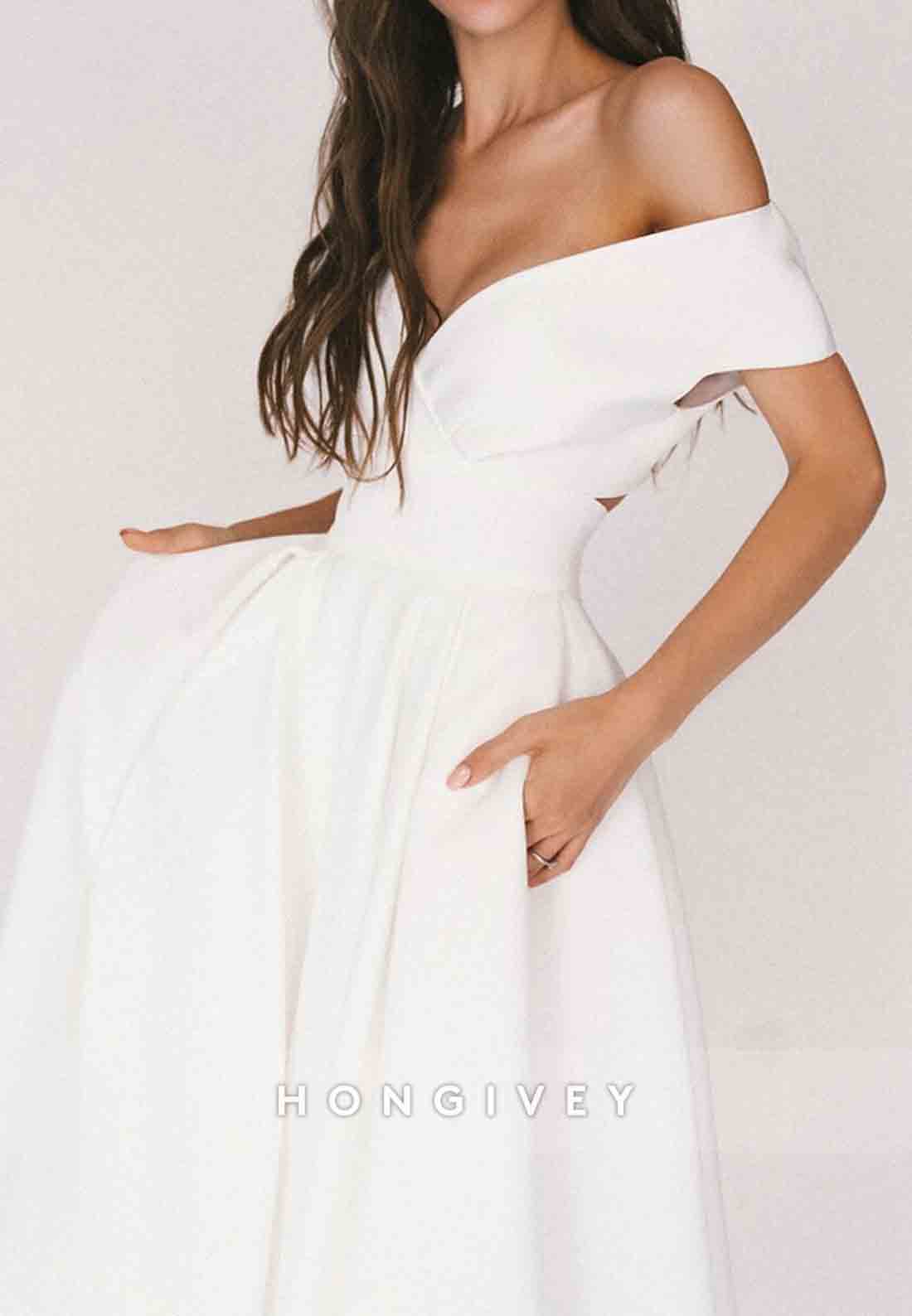 Tea-Length V Neck A-Line Cut out Back Beach Wedding Dresses