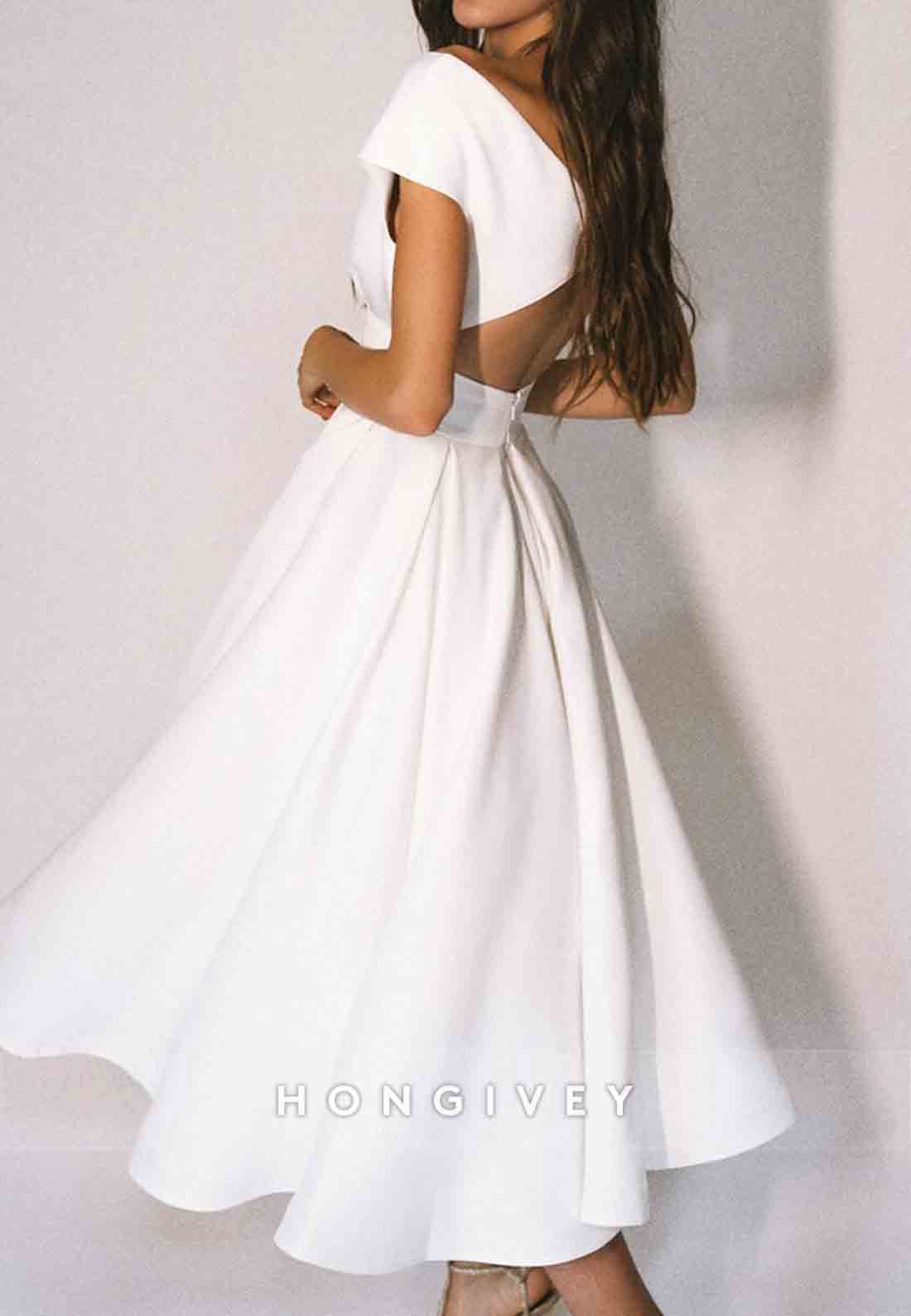 Tea-Length V Neck A-Line Cut out Back Beach Wedding Dresses