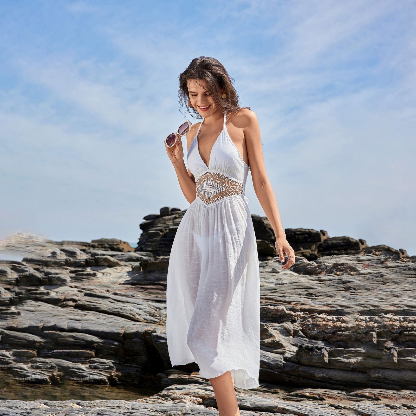 Beach Solid Color Cutout Beach Bikini Swimsuit Blouse Sun Protective - Fashionpara