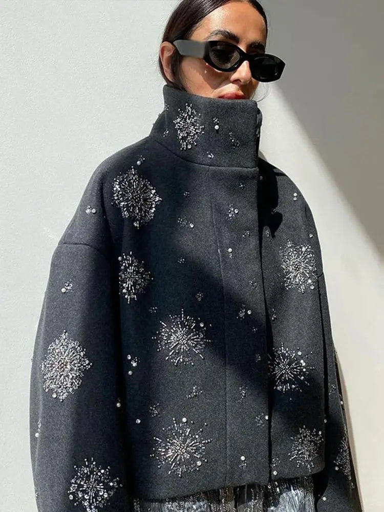 Beaded Flower Sequin Stand Collar Overcoat