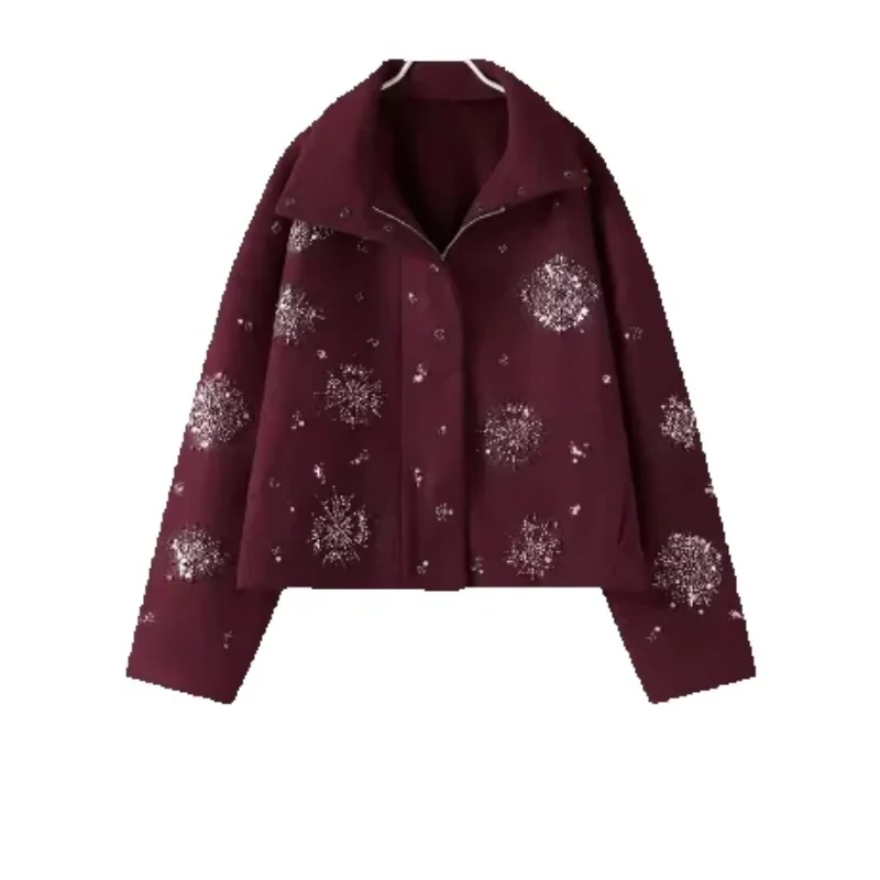 Beaded Flower Sequin Stand Collar Overcoat
