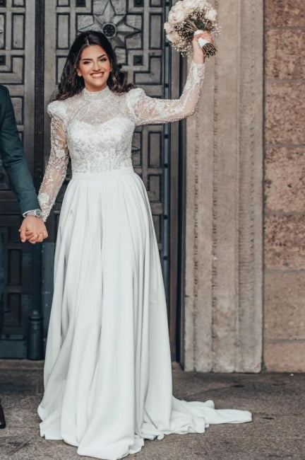 Beautiful A-line Long High Neck Lace Chiffon Wedding Dress with Long Sleeves - Fashionpara