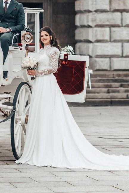 Beautiful A-line Long High Neck Lace Chiffon Wedding Dress with Long Sleeves - Fashionpara