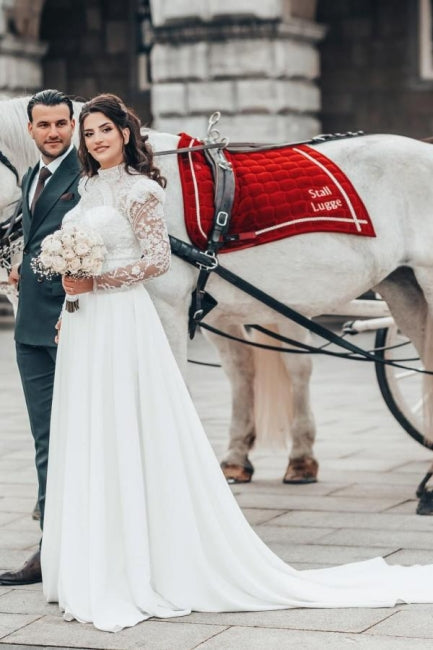 Beautiful A-line Long High Neck Lace Chiffon Wedding Dress with Long Sleeves - Fashionpara