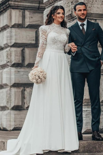 Beautiful A-line Long High Neck Lace Chiffon Wedding Dress with Long Sleeves - Fashionpara