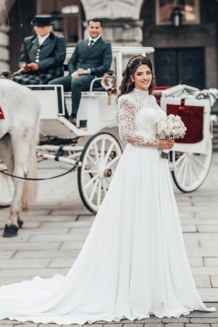Beautiful A-line Long High Neck Lace Chiffon Wedding Dress with Long Sleeves - Fashionpara