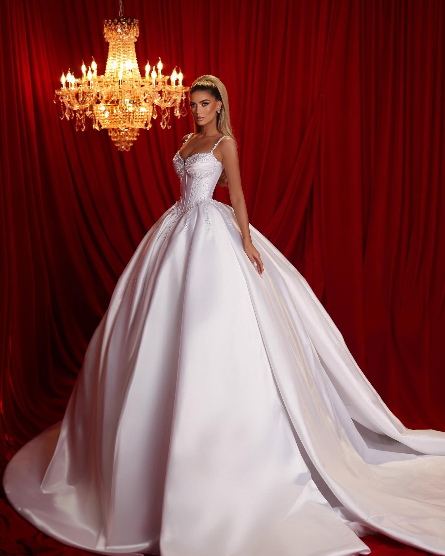 Beautiful A-line Spaghetti Straps Sleeveless Ruffled Satin Train White Long Wedding Dress - Fashionpara