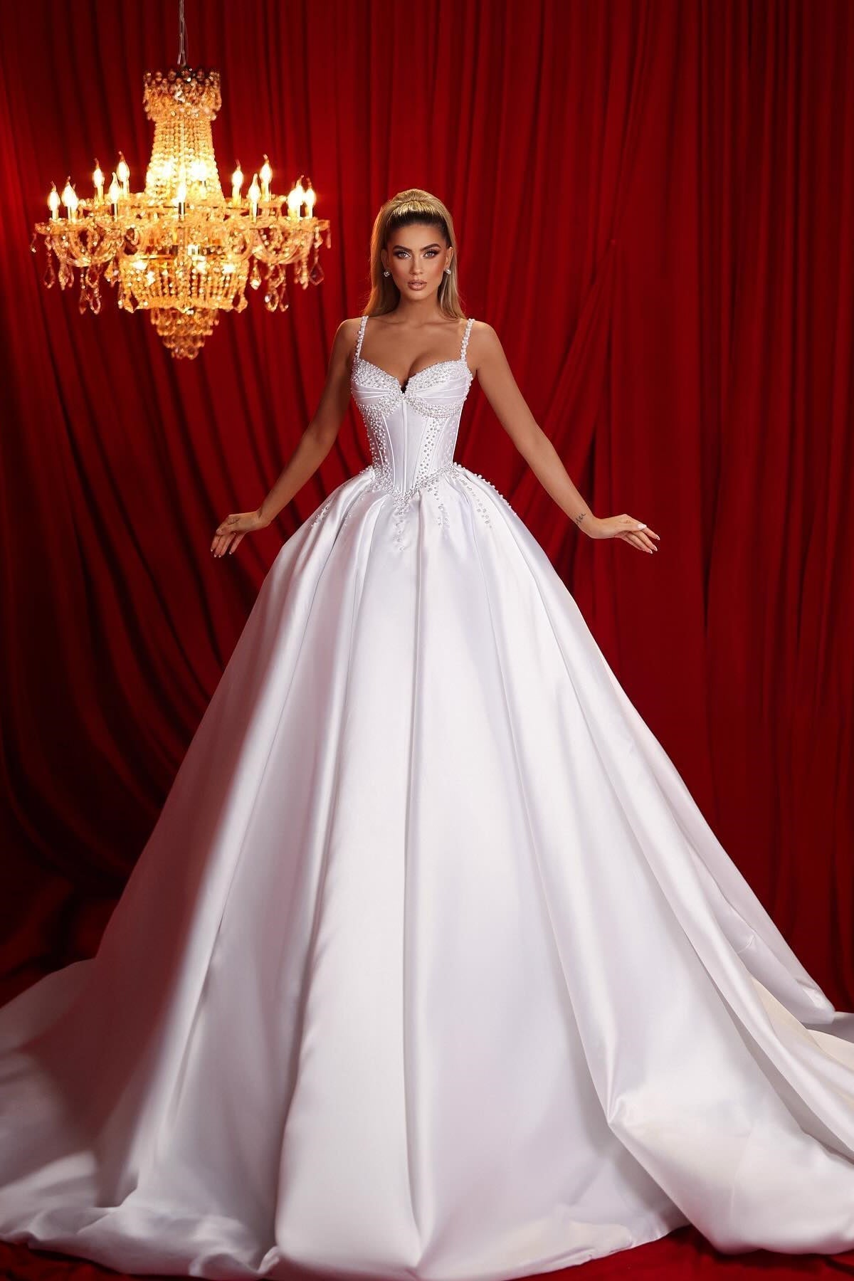 Beautiful A-line Spaghetti Straps Sleeveless Ruffled Satin Train White Long Wedding Dress - Fashionpara